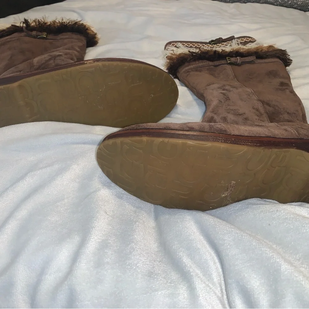 UGG Kiera chocolate Brown Suede tall fest Boots with Fringe embroidered size 9